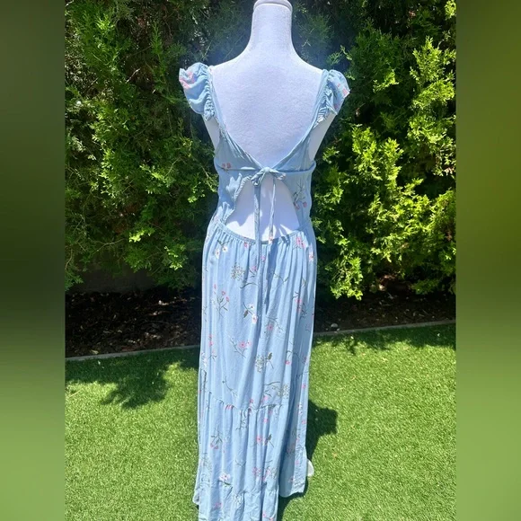 Blue Ruched Maxi Sundress with Flutter Cap Sleeves - Picture 4 of 6
